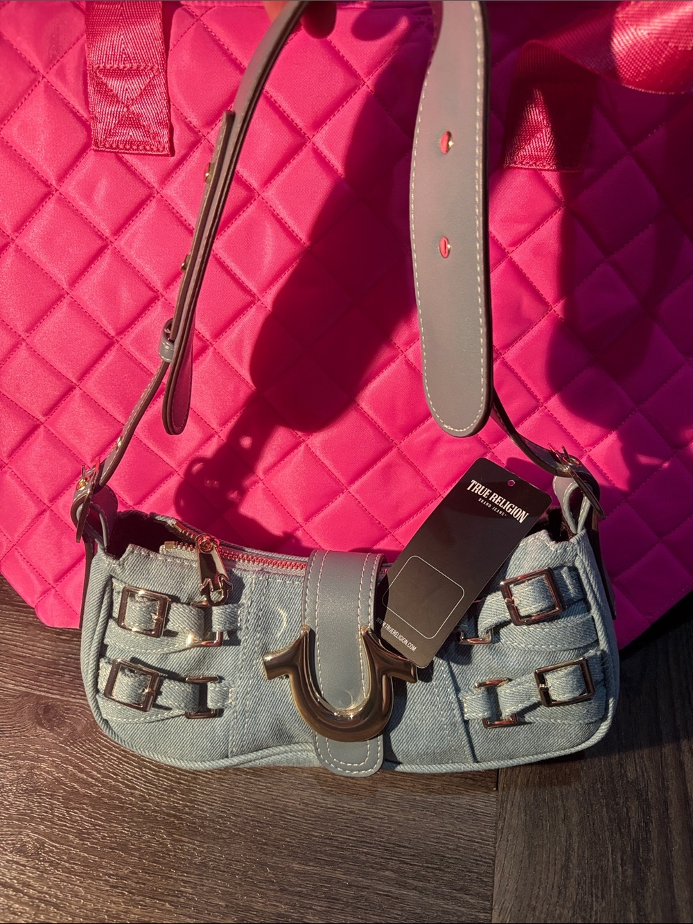 True Religion Light Blue Denim Mini Shoulder Bag with Silver Hardware